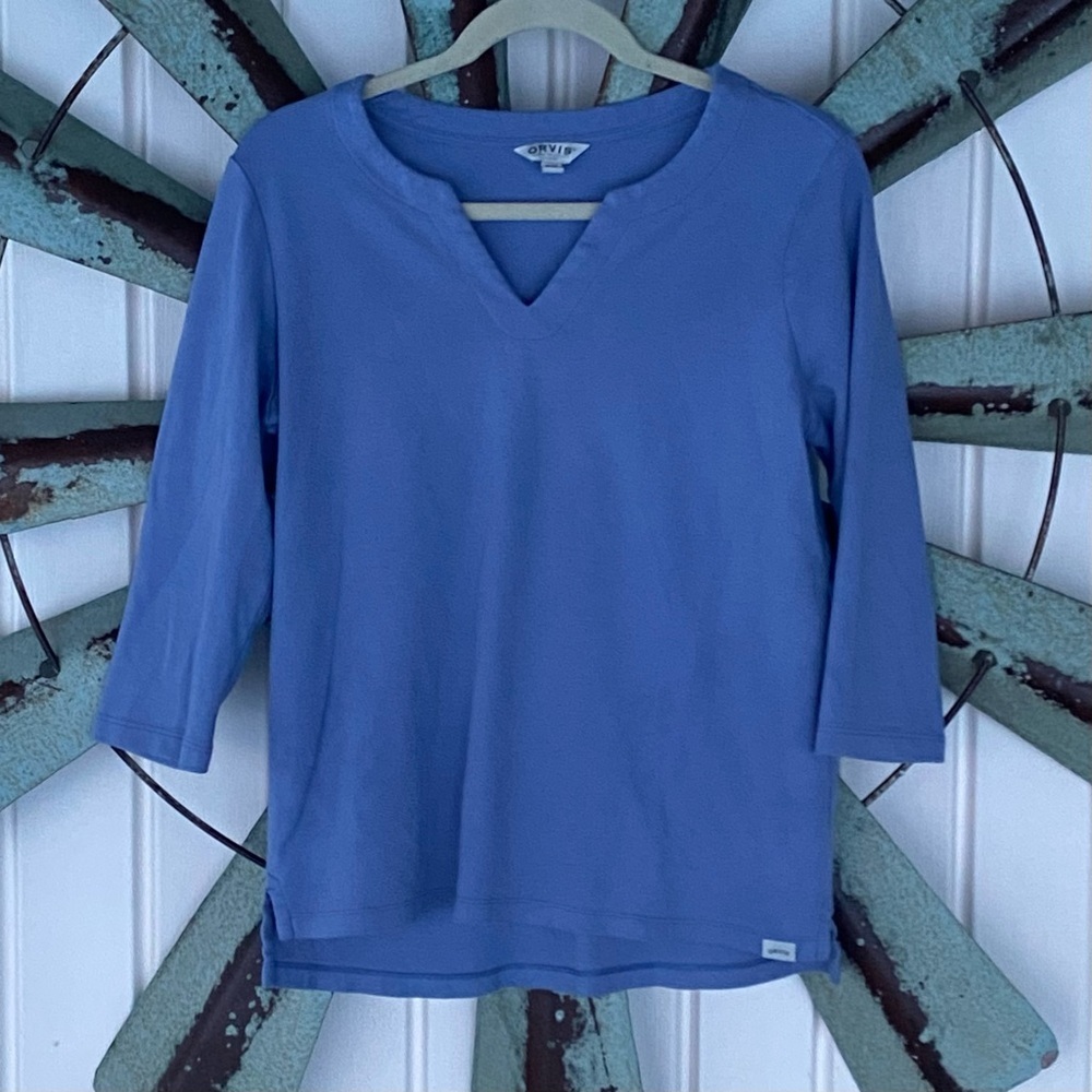 Orvis Shirt Womens Medium Blue V Neck 3/4 Sleeve Outdoors Casual Cotton